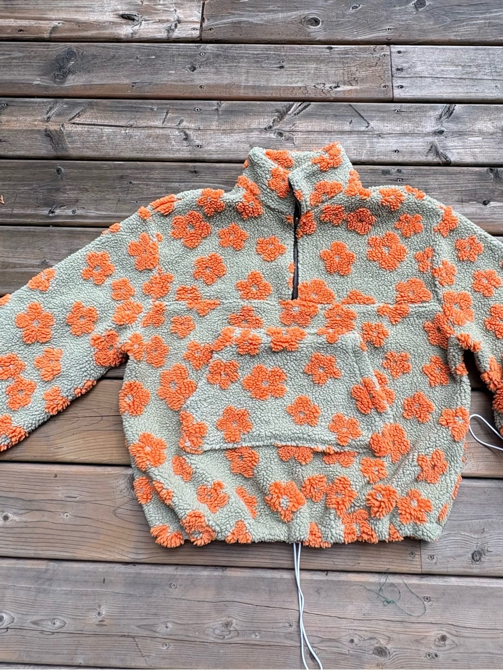 Cozy Orange & Green Floral Sherpa Quarter-Zip Fleece Pullover